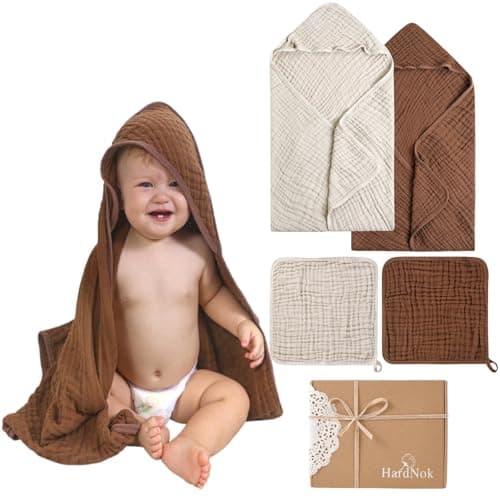 HardNok Muslin Baby Hooded Towels 4 Pack, Premium Muslin 6 Layers Natural Cotton Baby Bath Towels, Soft and Comfortable for Boys,Girls (32 x 32, (Coffee & Beige) - Image 1