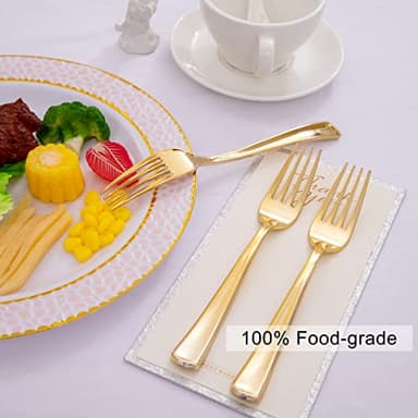 Liacere 200pcs Gold Plastic Forks - Heavyweight - 7.4 Inch Heavy Duty Forks - Gold Plastic Silverware Perfect For Parties & Weddings & Restaurants & New Year And Daily Using&Fall Decor - Image 4