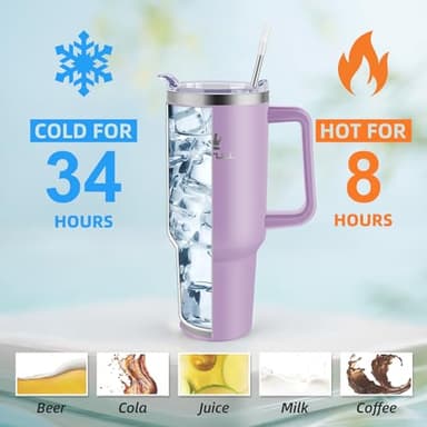 40 oz Tumbler with Handle and Straw Lid, 100% Leak-proof Travel Coffee Mug, Stainless Steel Insulated Cup for Hot Cold Beverages, Keeps Cold for 34Hrs or Hot for 10Hrs, Dishwasher Safe (LightPurple) - Image 5