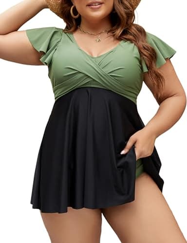 Edelqual Women's Plus Size Tankini Swimsuits Swim Dress Tummy Control Bathing Suits Two Piece Full Coverage High Waisted Modest Curvy Swimwear 2025(Army Green and Black,2XL) - Image 1