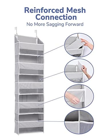 ULG 1 Pack Over Door Organizer with 5 Large Pockets 10 Mesh Side Pockets, 44 lbs Weight Capacity Hanging Storage Organizer with Clear Window for Kids Toys, Shoes, Diapers, Grey, 5 Layer - Image 6