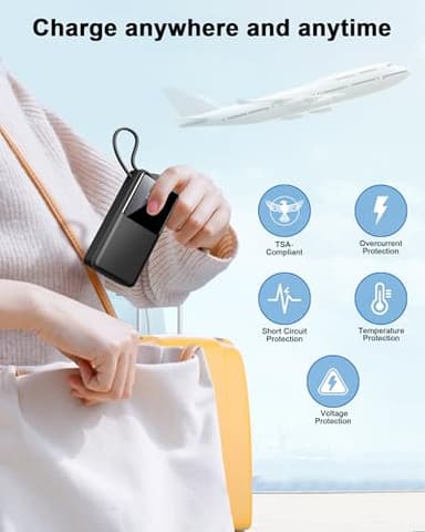 Power Bank 10000mAh, Portable Charger with Built-In USB-C Cable, PD 15W Fast Charging Battery Pack, Clear LED Display portable phone charger, Travel Essentials for iPhone Android Phones etc, Black - Image 4