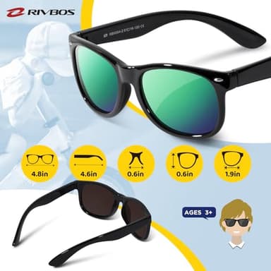 RIVBOS Kids Sunglasses Boys with Strap Polarized Rubber Flexible Shades for Toddler and Children Age 3-10 RBK004-2 Black Ice Green Lens - Image 5