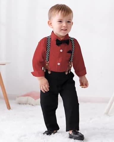 DISAUR Boys Wedding Guest Outfit Short Sleeve White Flower Dress Shirt Bow Tie Suspender White Plaid Pants Back To School Gentleman Clothing 5t 5-6 Years - Image 3