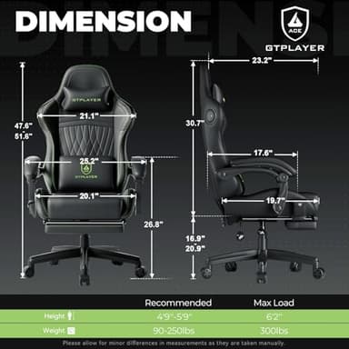 GTPLAYER ACE-PRO Music Gaming Chairs – Built-in Speakers, App Support & Bluetooth Control, Footrest & Pocket, Gamer Chair for Adults, Black & Green Stitch - Image 3