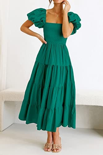 PRETTYGARDEN Women's Casual Summer Midi Dress Puffy Short Sleeve Square Neck Smocked Tiered Ruffle Dresses (Dark Green,Small) - Image 3