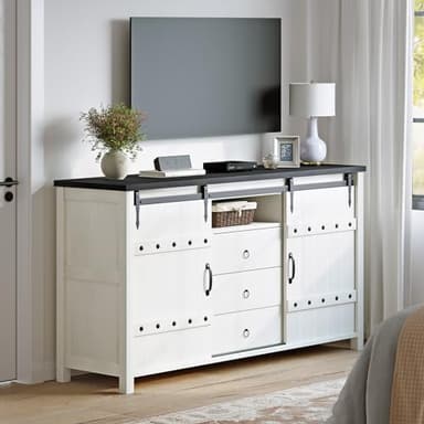 REAHOME Buffet Cabinet with Storage, 60" Sideboard Buffet Cabinet with Sliding Barn Doors & 3 Drawers, Farmhouse Wood Coffee Bar Cabinet Buffet Table for Kitchen, Dining Room,Living Room, White - Image 2