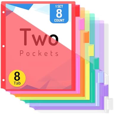 Forvencer 8 Count Dividers with Two Pockets, 8 tabs Binder Dividers for 3 Ring Binder Organizer, Multicolor, 1 Set - Image 1