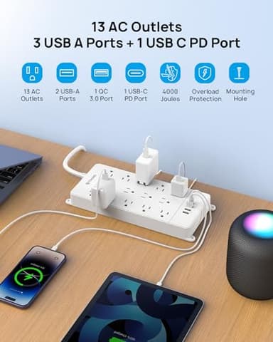 TROND Surge Protector Power Strip 10 ft, Flat Plug Long Extension Cord, 13 Wide Spaced Outlets, 4000 Joules, 32W Quick Charge 3.0 & USB C, Wall Mount, Under Desk, Heavy Duty, ETL Listed, White - Image 4