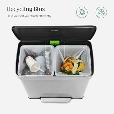 SONGMICS Kitchen Trash Can, 16 Gallon (2 x 8 Gallon) Dual Compartment Garbage Can, 60L Pedal Recycling Bin, Stays Open and Soft Close, Stainless Steel, 15 Bags Included, Metallic Silver ULTB202E01 - Image 10