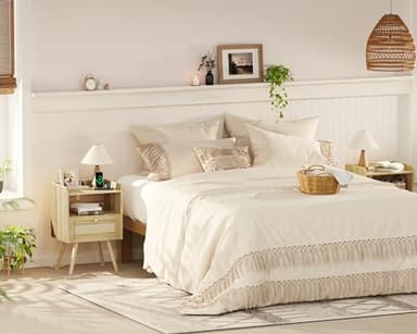 SUPERJARE Nightstands Set of 2, Night Stands with Charging Station & PE Rattan Decor Drawer, Bed Side Tables with Solid Wood Feet, End Table, for Bedroom, Living Room - Natural - Image 9