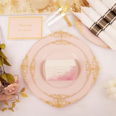 Nervure 175PCS Pink Plastic Plates - Disposable Pink Gold Party Plates & Pre Rolled Napkins with Cutlery for 25 Guests, 50Plates, 75Silverware, 25Cups, 25Napkin for Wedding & Party - Image 5