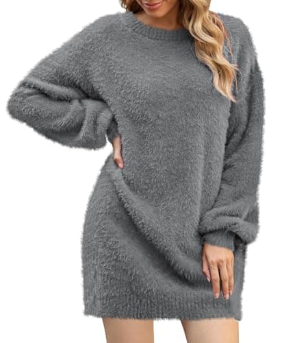 Meenew Women's Solid Long Sleeve Round Neck Oversized Knit Sweater Dress Gray M - Image 1