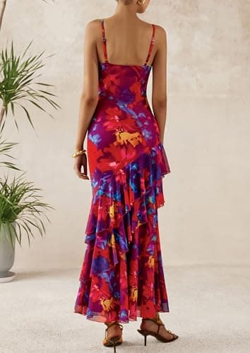 PRETTYGARDEN Maxi Dresses for Women 2025 Summer Tiered Floral Beach Sundress Spaghetti Strap Wedding Guest Long Dress (Navy Red Big Floral,Small) - Image 2