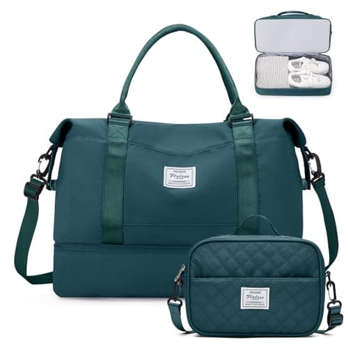 Weekender Bags for Women,Personal Item Travel Bag with Shoes Compartment,Overnight Travel Duffel Bag with Grid Toiletry Bag,Peacock Blue - Image 1