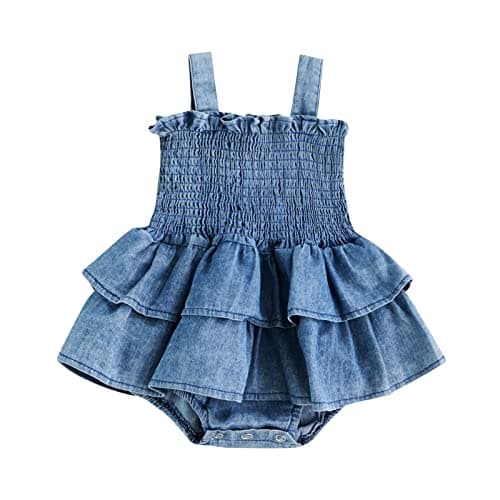 Baby Girl Denim Rompers Sleeveless Suspender Pleated Ruffle Hem Bottom Snap Jumpsuits Dress Clothes (Blue, 0-3 Months) - Image 1