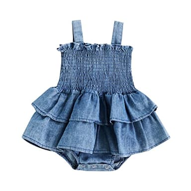 Baby Girl Denim Rompers Sleeveless Suspender Pleated Ruffle Hem Bottom Snap Jumpsuits Dress Clothes (Blue, 0-3 Months) - Image 1