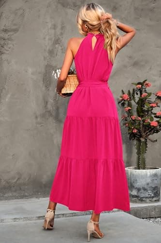 PRETTYGARDEN Women's Summer Maxi Sun Dress Sleeveless Halter Neck Flowy Ruffle Hem Long Boho Dresses with Belt (Solid Rose Red,Small) - Image 2