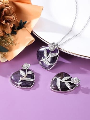 CrystalTears Amethyst Crystal Heart Necklace for Women Healing Crystals Heart Gemstone Pendant Rose Flower Wrapped Quartz Crystal Heart Stone Necklace Crystal Gift for Mom Women Mothers Day - Image 5