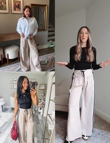 Hongsui Women's Wide Leg Pants Drawstring High Rise Side Striped Slouchy Palazzo Pants with Pockets (Khaki-XL) - Image 4