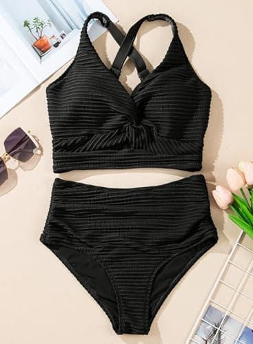 Herseas Women's Black Bikini Sets Twist Front Adjustable Top Swimsuits High Waisted Textured Push Up Bathing Suits Large - Image 4