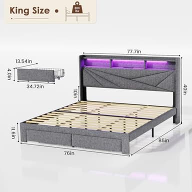Driftalia LED King Size Bed Frame with 2 Storage Drawers, Upholstered King Bed Frame with Headboard and Charging Station, No Box Spring Needed, Easy to Assembly-Light Grey - Image 2