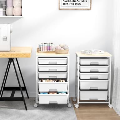 SYKIARIOL Utility Cart with 5 Drawers,Storage Drawer Cart with Wooden Tabletop and Lockable Wheels,Craft Storage Trolley Cart,5-Tier Rolling Utility Cart on Wheels,Bright White - Image 9