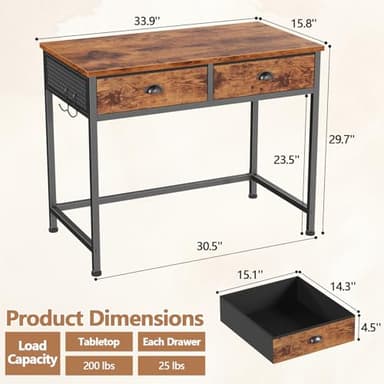 Furologee Small Computer Desk with 2 Fabric Drawers for Bedroom,34 Inch Home Office Writing Desk, Vanity Desk with Hooks, Simple Study Desk for Small Spaces, Makeup Dressing Table, Rustic Brown - Image 3