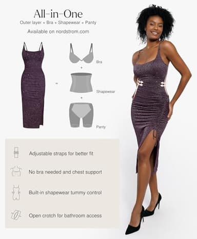 Popilush Sparkly Cocktail Dresses for Women Shapewear Formal Wedding Guest Dress Fall Square Neck Ruched Midi Dress Side Slit Purple - Image 3