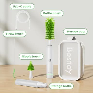 Bestidy Electric Baby Bottle Cleaner Kit for Travel- Rechargeable 360° Rotation Electric Baby Bottle Brush with Replaceable Nipple/Straw Brush, 2-Speed Modes, 50ml Lotion Bottle & Storage Bag, Green - Image 3