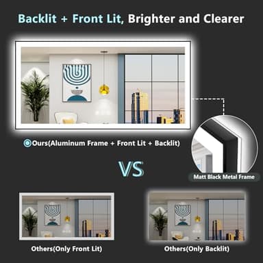 AWANDEE 72x40 Black Framed LED Bathroom Mirror with Lights, Backlit + Front Lit, Anti-Fog Lighted Vanity Mirror for Bathroom Wall with 3 Colors, Stepless Dimmable, Memory, Tempered Glass, ETL Listed - Image 4