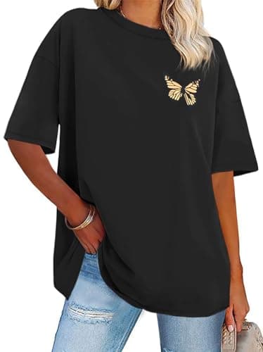 Womens Oversized Tshirt Graphic Tees Crew Neck Summer Short Sleeve Loose Fit Tops (A-Butterfly Print Black, 4XL) - Image 1