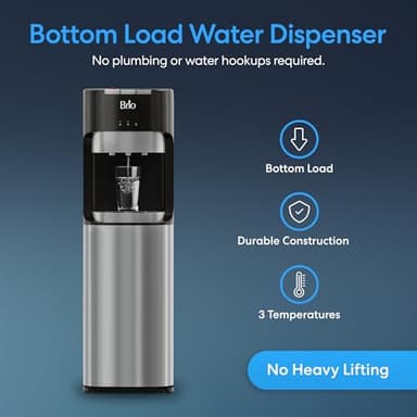 Brio Bottom Loading Water Cooler Dispenser for 5 Gallon Bottles - 3 Temperatures with Hot, Room & Cold Spouts, Child Safety Lock, LED Display with Empty Bottle Alert, Stainless Steel - Image 2