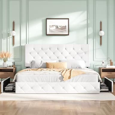 SHA CERLIN Upholstered King Size Platform Bed Frame with 4 Storage Drawers, Adjustable Headboard with Diamond Stitched Button Tufted Design, Wooden Slat Support, No Box Spring Needed, White - Image 3