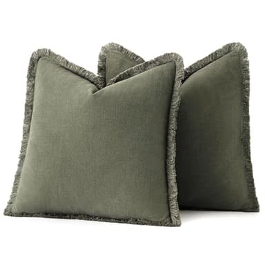 MIULEE Decorative Throw Pillow Covers Neutral Linen Fringe Throw Pillows Set of 2 Olive Green Boho Farmhouse Cushion Covers with Tassels for Couch Sofa Bed Living Room Spring Home Decor 18x18 Inch - Image 6