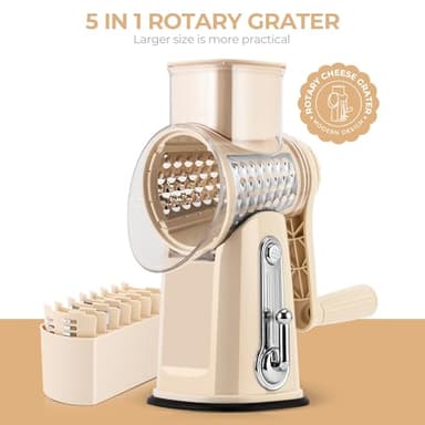 SUSTEAS Rotary Cheese Grater with Handle - Vegetable Shredder with 5 Well-designed Blades & Strong Suction Base,Round Mandoline Slicer & Food Chopper for Kitchen,with Blade Storage Box(Beige) - Image 8