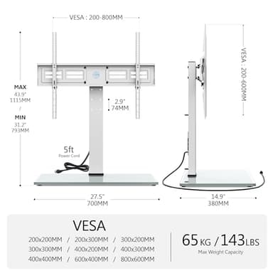 FITUEYES Universal TV Stand with Power Outlets for 50-85 inch TVs, Swivel&Height Adjustable Tall TV Stand for Bedroom Living Room, 27.5''Large Tempered Glass Base Holds up to 143 lbs, Ivory White - Image 7