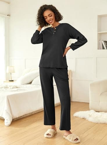 Ekouaer Waffle Knit Pajamas for Women Set Long Sleeve Pants Pj Henley Tops Lounge Sets Comfy Sleepwear with Pockets Black XL - Image 2