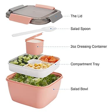 Freshmage Salad Lunch Containers To Go, 2 Pack 52-oz Bowls with 3 Compartments, Dressing Containers for Toppings, Snacks - Pink & Green - Image 2