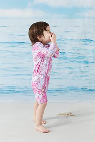 UMELOK Toddler Girls Swimsuit One Piece Full Zip with Long Sleeve UPF 50+ Sun Protection Swimwear Rash Guard Shirts Pink Flower,18M - Image 2