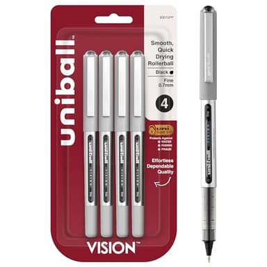 uni-ball Vision Stick Roller Ball Pens, Fine Point, Black Ink, Pack of 4 - Image 1