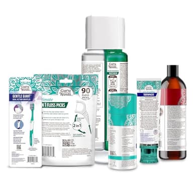 GuruNanda Gum Hygiene Makeover Kit with Ashwagandha & Cocomint (Travel Size) Oil Pulling, Neem Toothpaste, Breath Harmonizer Mouthwash, 2-in-1 Floss Picks & Whitening Toothbrushes - Image 7