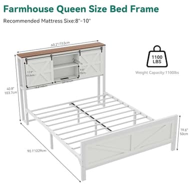 YITAHOME Farmhouse Queen Size Bed Frame with Headboard, Bookcase Shelves, Sliding Barn Door, Charging Station, Rustic Wood Platform Bed, No Box Spring Needed, White - Image 2