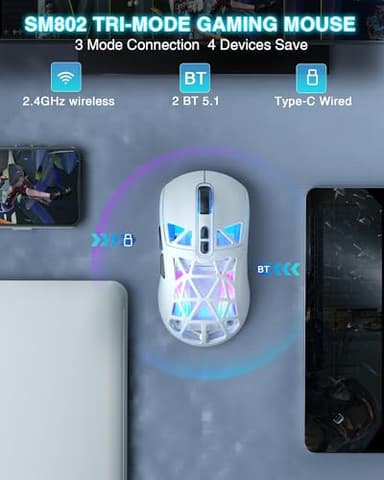 SOLAKAKA SM802 White Wireless Gaming Mouse,10000 DPI,Tri-Mode Wired/BT 5.0/2.4GHz Wireless Mouse Gaming with Side Button,RGB Programmable Macro Mouse for Laptop - Image 3