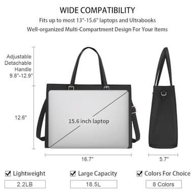 Laptop Bag for Women Waterproof Lightweight Leather 15.6 Inch Computer Tote Bag Business Office Briefcase Large Capacity Handbag Shoulder Bag Professional Office Work Bag Black - Image 3