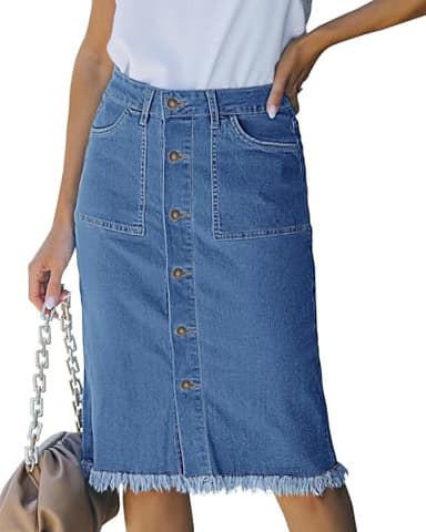 luvamia Women's Casual Button Down Frayed Raw Hem Skirt Jean Skirts Jeans Skirt for Women Jeans Skirt for Women Medium Blue Medium Fits Size 8 Size 10 - Image 1