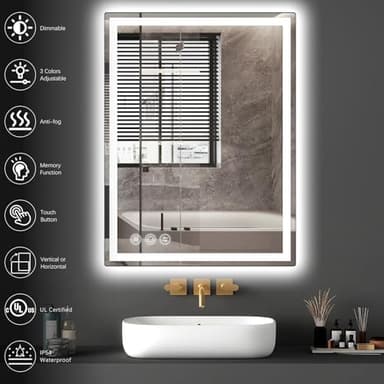 LED Bathroom Mirror 24"x 32" with Stepless Dimmable Wall Mirrors with Anti-Fog, Dimmable CRI>90, Vanity Mirror with 3 Color Modes, Shatter-Proof, Memory Bathroom Mirror with LED Lights - Image 5