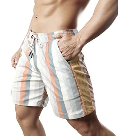JOTOOK Men's Casual Drawstring Corduroy Shorts Elastic Waist Summer Shorts with Pocket Printed Short Medium Grey White Stripe - Image 4