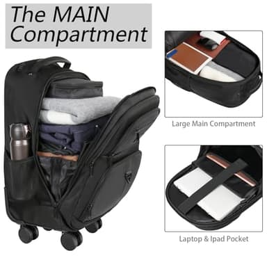 MATEIN Rolling Backpack with 4 Wheels, 17 inch Roller Travel Laptop Backpack for Women Men, Large Water Resistant Business Wheeled Bag, Airline Approved Carry on Luggage Suitcase Bag, Black - Image 3