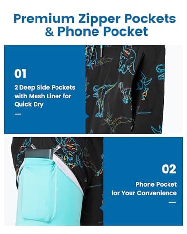 maamgic Mens Swim Trunks with Compression Liner 5" Stretch Athletic Swimming Shorts Quick Dry with Zipper Pockets No-Chafing Board Shorts Black-Colorful Dinosaur S - Image 2